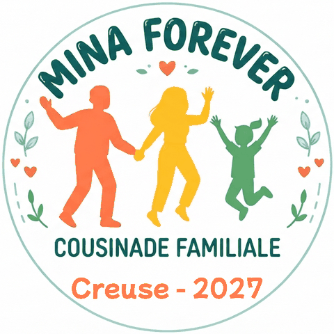 Mina Forever, cousinade familiale, Creuse 2027 : trois silhouettes se tenant la main dans un badge circulaire.